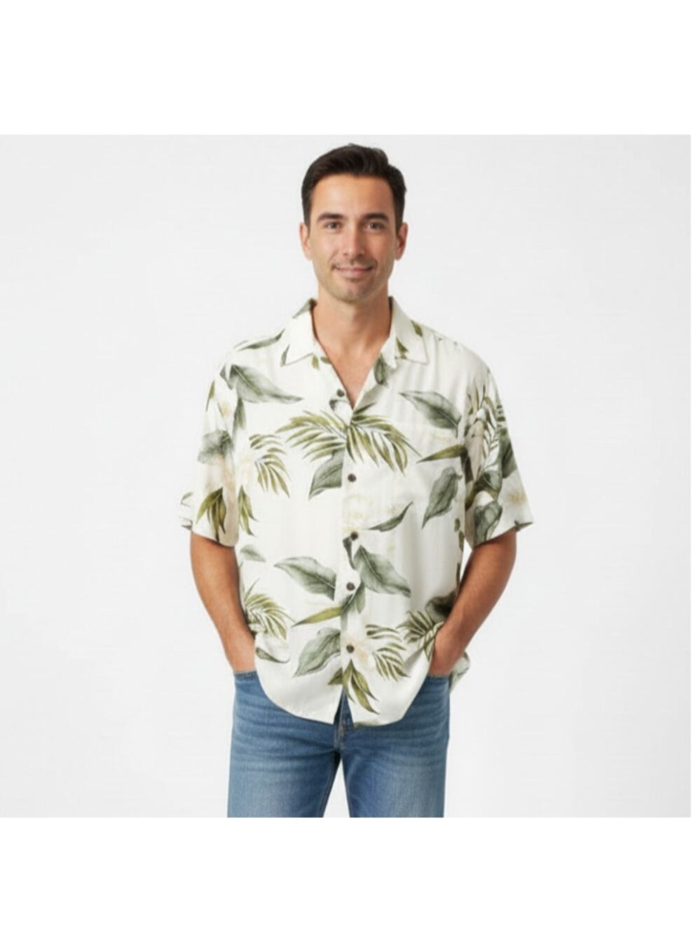 Kalaheo Mens Dad Core Tropical Leaves Beige Green Short Sleeve Hawaiian Shirt XL